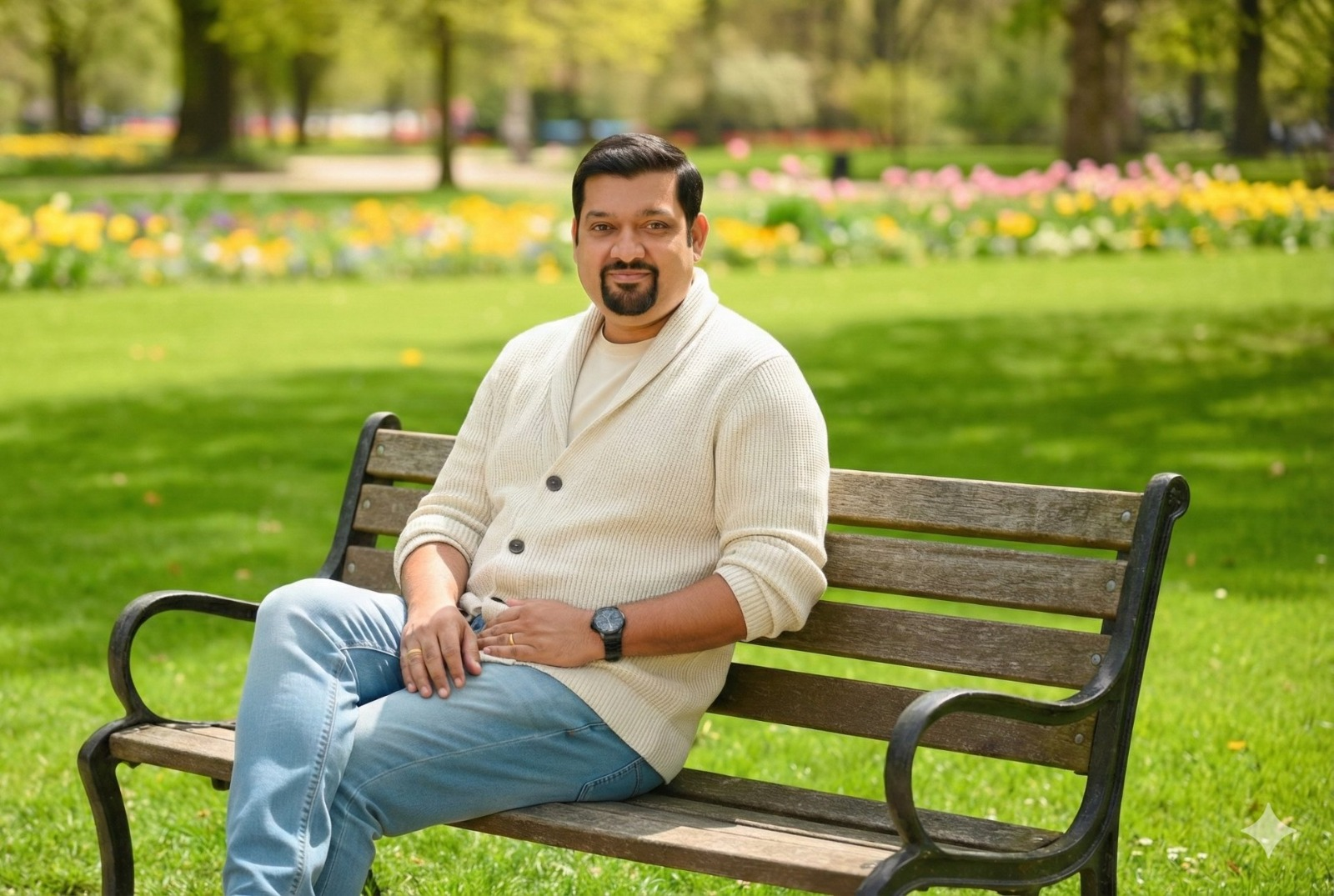 John V Jayakumar sitting on a park bench, smiling